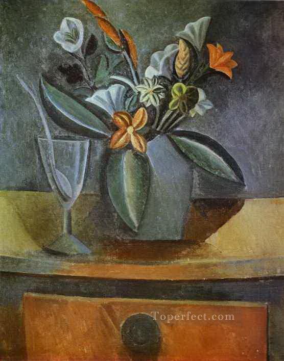 Flowers in a Gray Jug and Wine Glass with Spoon 1908 cubism Pablo Picasso Oil Paintings